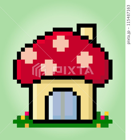 8 bit pixel mushroom house. Building for game assets and cross stitch patterns in vector illustrations. 115487163