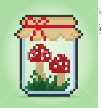 8 bit pixel mushroom in bottle. Plant for game assets and cross stitch patterns in vector illustrations. 115487165