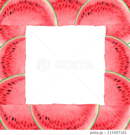 Watermelon slice with a few seeds square frame. Watercolor illustration isolated on white background, hand drawn for food design. Packages, juice, smoothie, menu, organic food, ice cream label, logo Watermelon slice with a few seeds square frame. Watercolor illustration isolated on white background, hand drawn for food design. Packages, juice, smoothie, menu, organic food, ice cream label, logo 115487181