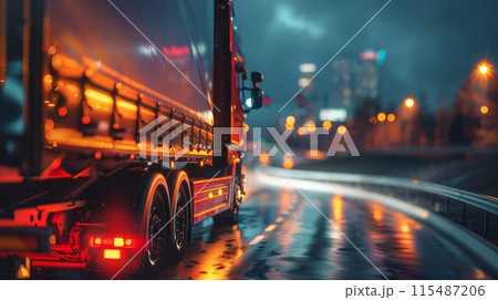 truck driving on curved road at night with blurred city light background truck driving on curved road at night with blurred city light background 115487206