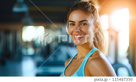 トレーニングジムで笑顔のスポーツウェアを着た若い白人女性 115487350