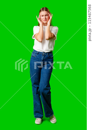 Young Woman Holding Head With Hands Headache Concept 115487568
