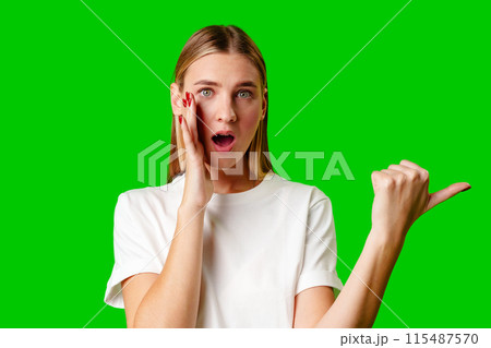 Young Woman in White T-shirt Making a Surprised Face Young Woman in White T-shirt Making a Surprised Face 115487570