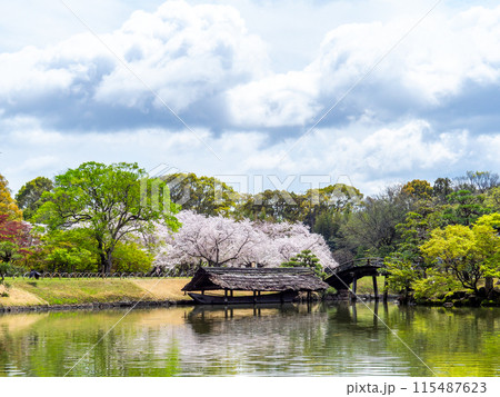 春の岡山 後楽園の趣深い景色 沢の池と舟屋 春の岡山 後楽園の趣深い景色 沢の池と舟屋 115487623