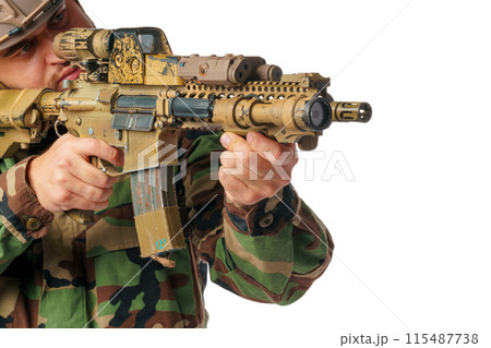man with airsoft wear and air rifle man with airsoft wear and air rifle 115487738