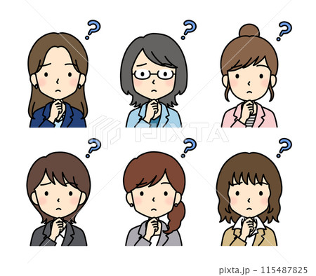 シンプルでかわいいビジネス人物イラスト（女性・上半身・ハテナ） 115487825