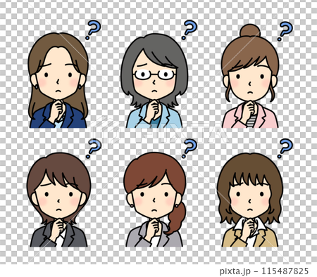 Simple and cute business person illustration (female, upper body, question mark) Simple and cute business person illustration (female, upper body, question mark) 115487825