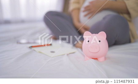 A portrait of happy Asian pregnant woman save financial money for baby with piggy bank in bedroom at home. Having a baby. Family people lifestyle. Mom love. 115487931