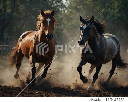 走る2頭の馬-2 [AI生成・プロ仕上げ] 115487982