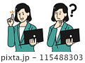 スーツ姿のビジネスパーソン女性がPCを持ち提案・疑問のポーズをしているイラスト 115488303