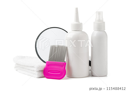 Cosmetic products, lice comb and magnifying glass isolated on white Cosmetic products, lice comb and magnifying glass isolated on white 115488412