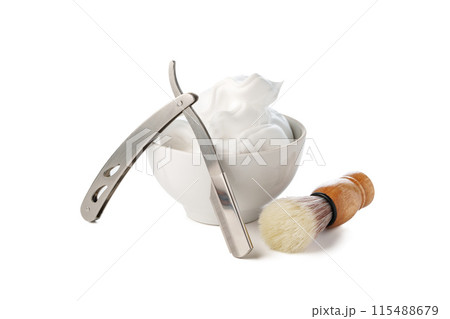 Vintage shaving razor and tools isolated on white 115488679