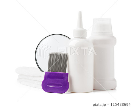 Cosmetic products, lice comb and magnifying glass isolated on white 115488694