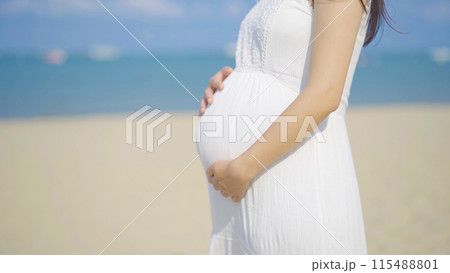 A portrait of happy Asian pregnant woman at sea shore beach. Having a baby. Family people lifestyle. Mom love. A portrait of happy Asian pregnant woman at sea shore beach. Having a baby. Family people lifestyle. Mom love. 115488801