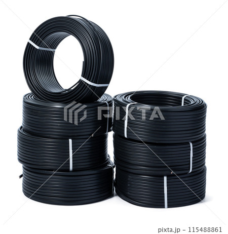 Coils of black cable isolated on white background Coils of black cable isolated on white background 115488861