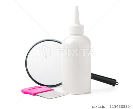 Medicine, lice comb and magnifying glass isolated on white Medicine, lice comb and magnifying glass isolated on white 115488889