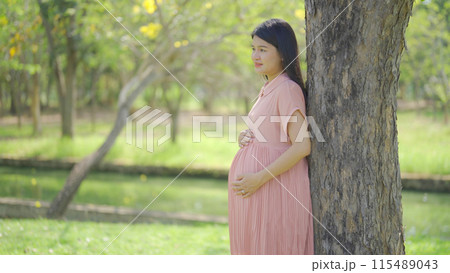 A portrait of happy Asian pregnant woman walking in public garden park on vacation. Love of mother. Having a baby. Family people lifestyle. A portrait of happy Asian pregnant woman walking in public garden park on vacation. Love of mother. Having a baby. Family people lifestyle. 115489043