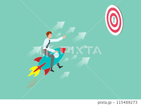 businessman riding rocket with growth arrow to reach target bullseye, reaching goal or success, Financial growth, growing business for success. 115489273