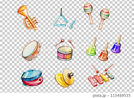 水彩で描いた楽器のイラストを使った、コンサートポスターなどに使えるデザイン素材 115489535
