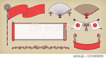 A set of retro design labels and accessories including flags, fans, ribbons, etc. 115489609