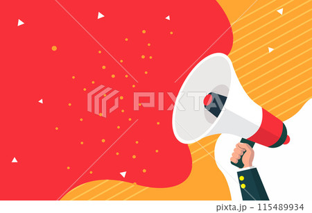 Flat Design Illustration Background of Hand Holding Megaphone Horn Speaker for Attention Announcement with Copy Space 115489934