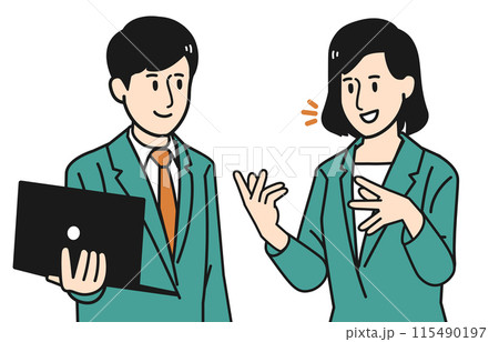 ビジネスパーソンの女性が手振りを交えて話し男性がパソコンを持ちながら聞いているイラスト 115490197