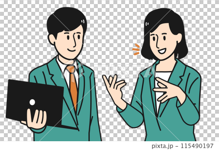 ビジネスパーソンの女性が手振りを交えて話し男性がパソコンを持ちながら聞いているイラスト 115490197