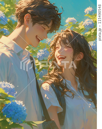 紫陽花の花畑で笑顔のカップル 115490548