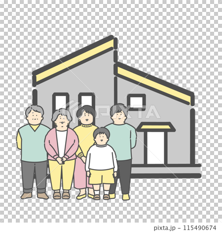 一軒家と三世代家族のイラスト マイホーム 家 一軒家と三世代家族のイラスト マイホーム 家 115490674