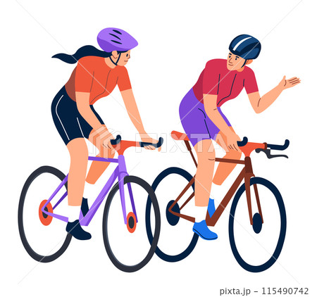 Two cyclists riding bikes vector Two cyclists riding bikes vector 115490742