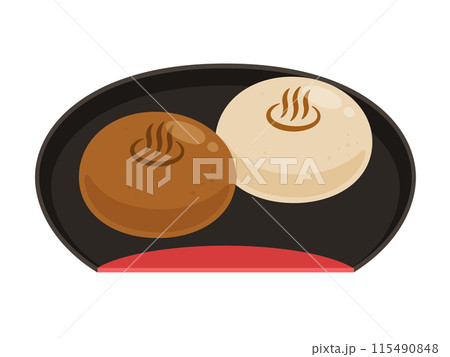 黒皿にのった温泉饅頭のベクターイラスト 115490848