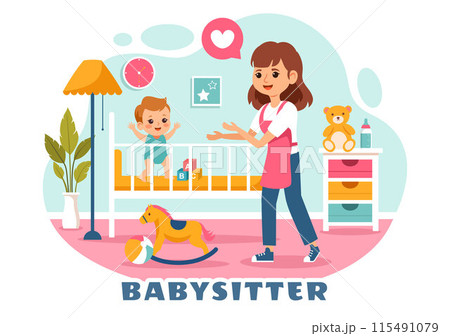 Babysitter or Nanny Services Vector Illustration for Caring for Babies, Providing for Their Needs and Playing with Baby in a Flat Cartoon Background Babysitter or Nanny Services Vector Illustration for Caring for Babies, Providing for Their Needs and Playing with Baby in a Flat Cartoon Background 115491079