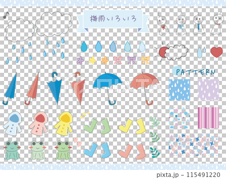 Rainy season hand-drawn vector illustration set: cute rain gear, weather, etc. Part 1 115491220