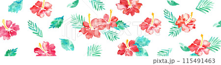 水彩画。水彩タッチのハイビスカスベクターフレーム。南国風ハイビスカスの背景。 115491463