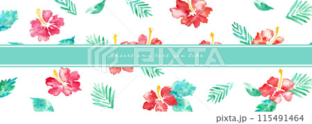 水彩画。水彩タッチのハイビスカスベクターフレーム。南国風ハイビスカスの背景。 115491464