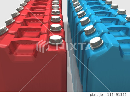 たくさん並んだ　赤と青の灯油用ポリタンク(3DCGイメージ) 115491533