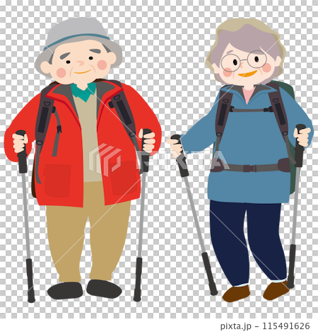 老年男女享受登山散步的向量圖解 115491626