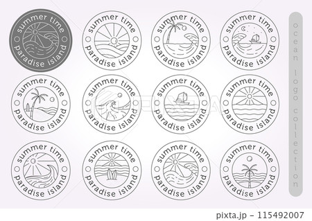 nautical logo emblem line art bundle set. simple ocean icon collection. pack of sea logo 115492007