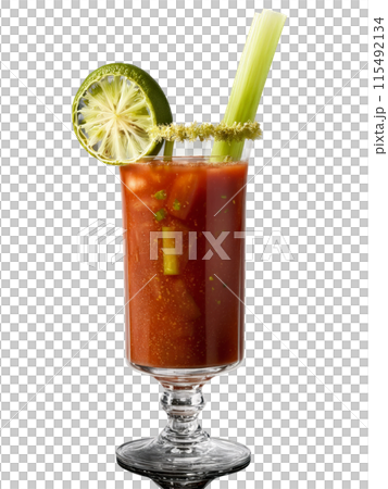 Bloody Mary with celery stalk and lime wedge in tall glass 115492134