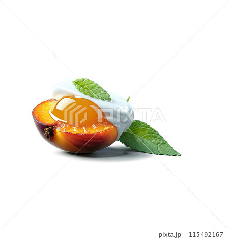 A delicious grilled apricot, topped with a dollop of honey mascarpone and a sprig of fresh mint, delicates food, isolated on transparent background A delicious grilled apricot, topped with a dollop of honey mascarpone and a sprig of fresh mint, delicates food, isolated on transparent background 115492167
