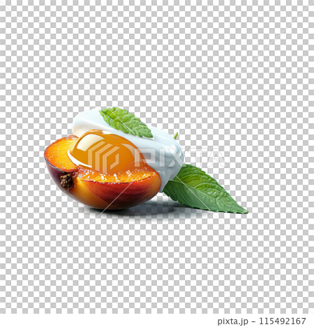 A delicious grilled apricot, topped with a dollop of honey mascarpone and a sprig of fresh mint, delicates food, isolated on transparent background A delicious grilled apricot, topped with a dollop of honey mascarpone and a sprig of fresh mint, delicates food, isolated on transparent background 115492167