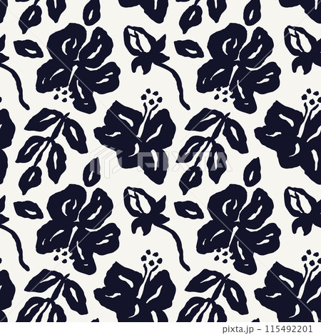 Monochrome black and white brush strokes inky flowers seamless pattern 115492201