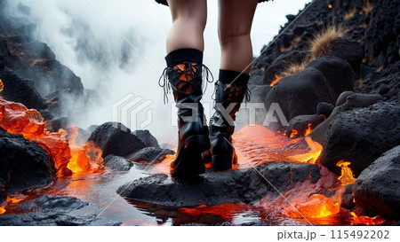 A model with a fierce gaze her legs in stockings that seem to be woven 115492202