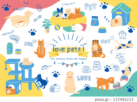 手がきの犬、猫とペット用品アイコンのセット 115492213