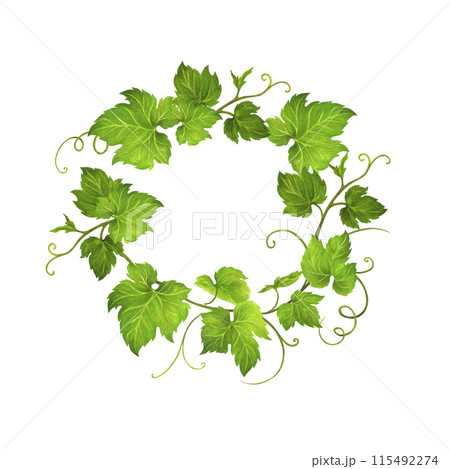 Watercolor wreath of grape leaves and tendrils for wedding invitation or greeting card design, vineyard celebration decor, menus, labels for wine and wine vinegar. Isolated hand drawn illustration 115492274