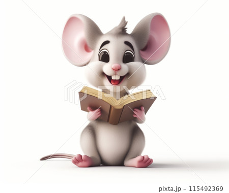 Cute cartoon mouse read book with smile. Isolated 3d illustration on white background. Cute cartoon mouse read book with smile. Isolated 3d illustration on white background. 115492369