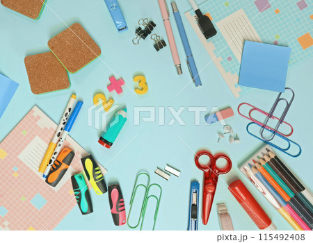 Back to School. Stationery in background for design. Template. 115492408