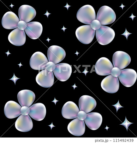 3d holographic retro 90 seamless pattern. Chrome Daisy flowers and stars in Y2K style on black background. Future galaxy aesthetic, 3D chrome bubble art. Metal glossy abstract art. 115492439
