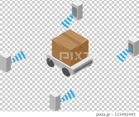 Material depicting an AVG (automated guided vehicle) moving in an isometric center 115492443