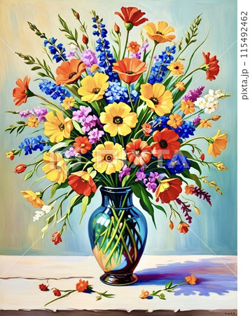 花瓶に生けられた溢れる花ですのイラスト素材 [115492462] - PIXTA